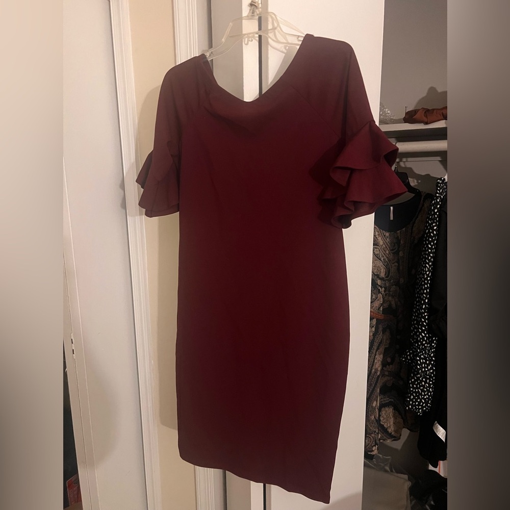 Pinkblush Burgundy Midi Maternity Dress with Ruffle Sleeves
